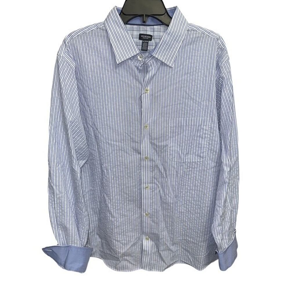 Van Heusen XL Slim Fit Shirt Blue White Striped Soft Textured Pocket Long Sleeve